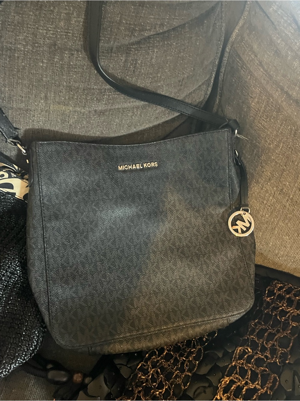 Michael Kors Black Monogram Crossbody with Gold MK Charm